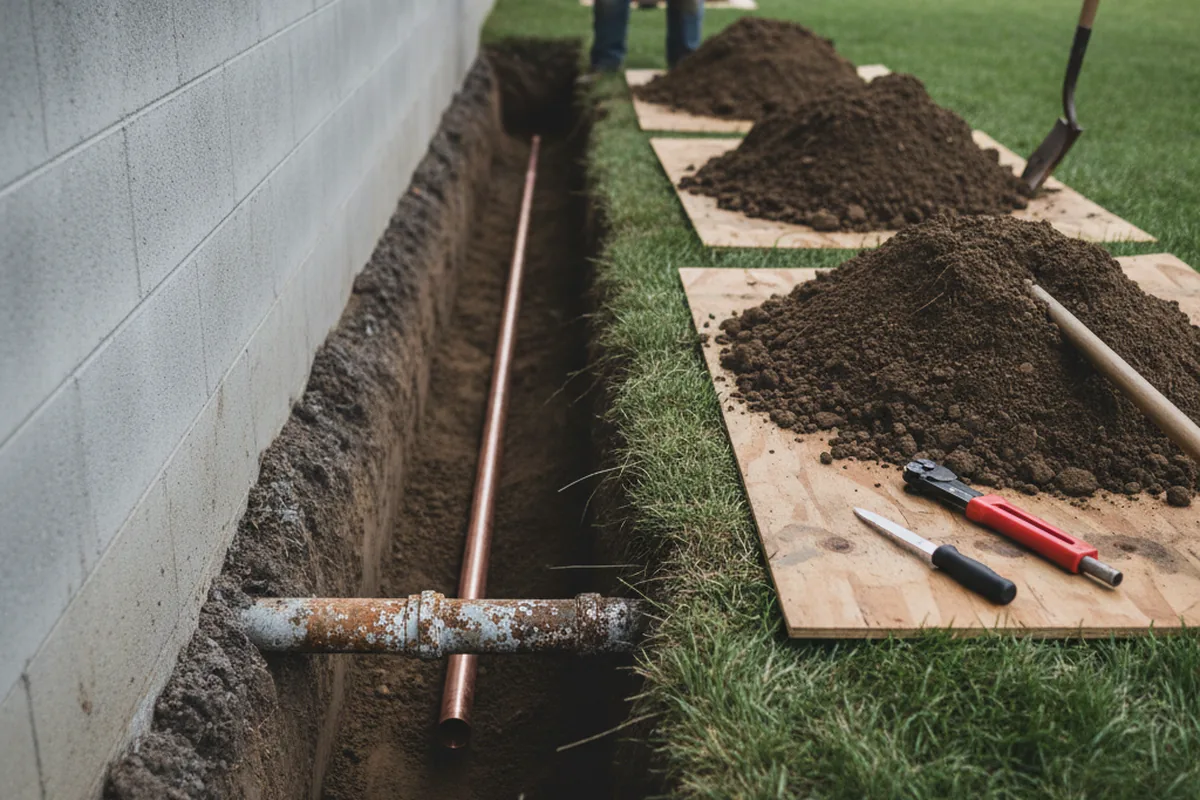 Excavated water line trench during Water Heater Repair in Selah